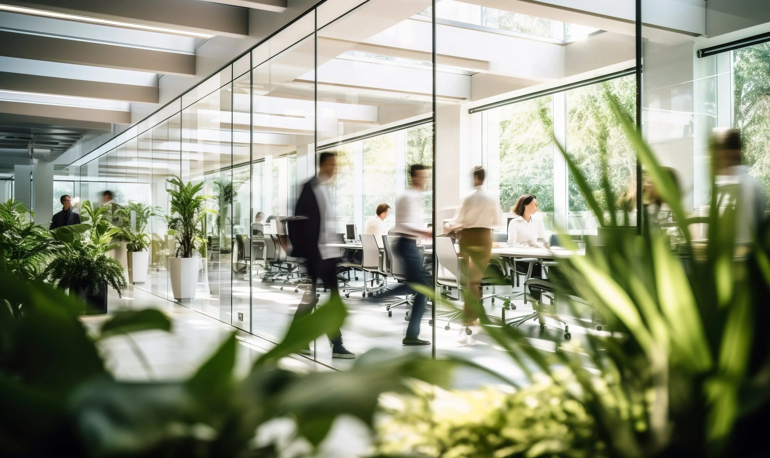 Modern office with glass walls, several people working at desks, and large windows letting in natural light, with green plants in the foreground.