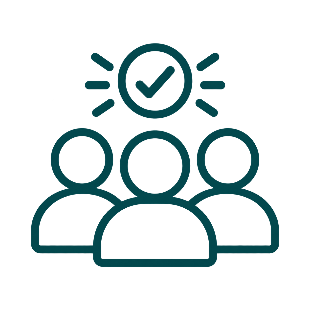 Icon of three people with a checkmark inside a circle above them, surrounded by radiating lines, representing a community.
