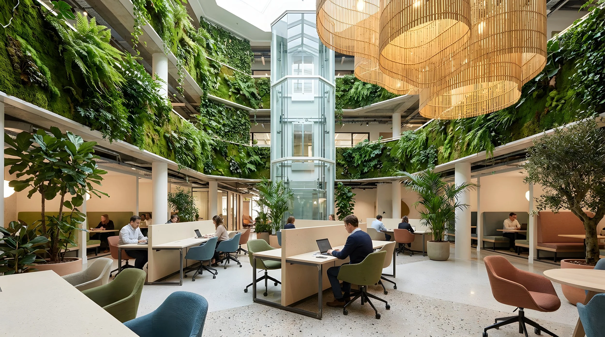 Modern office space with open layout, green plants, a glass elevator, and large hanging light fixtures, with people working on laptops at tables.