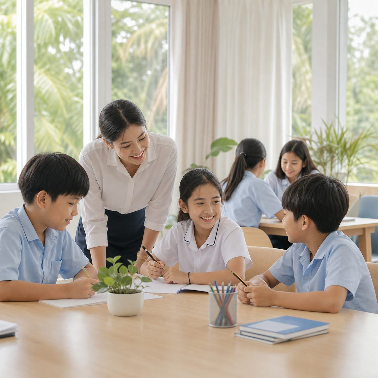 A teacher interacts with smiling students in a classroom with large windows and greenery outside.