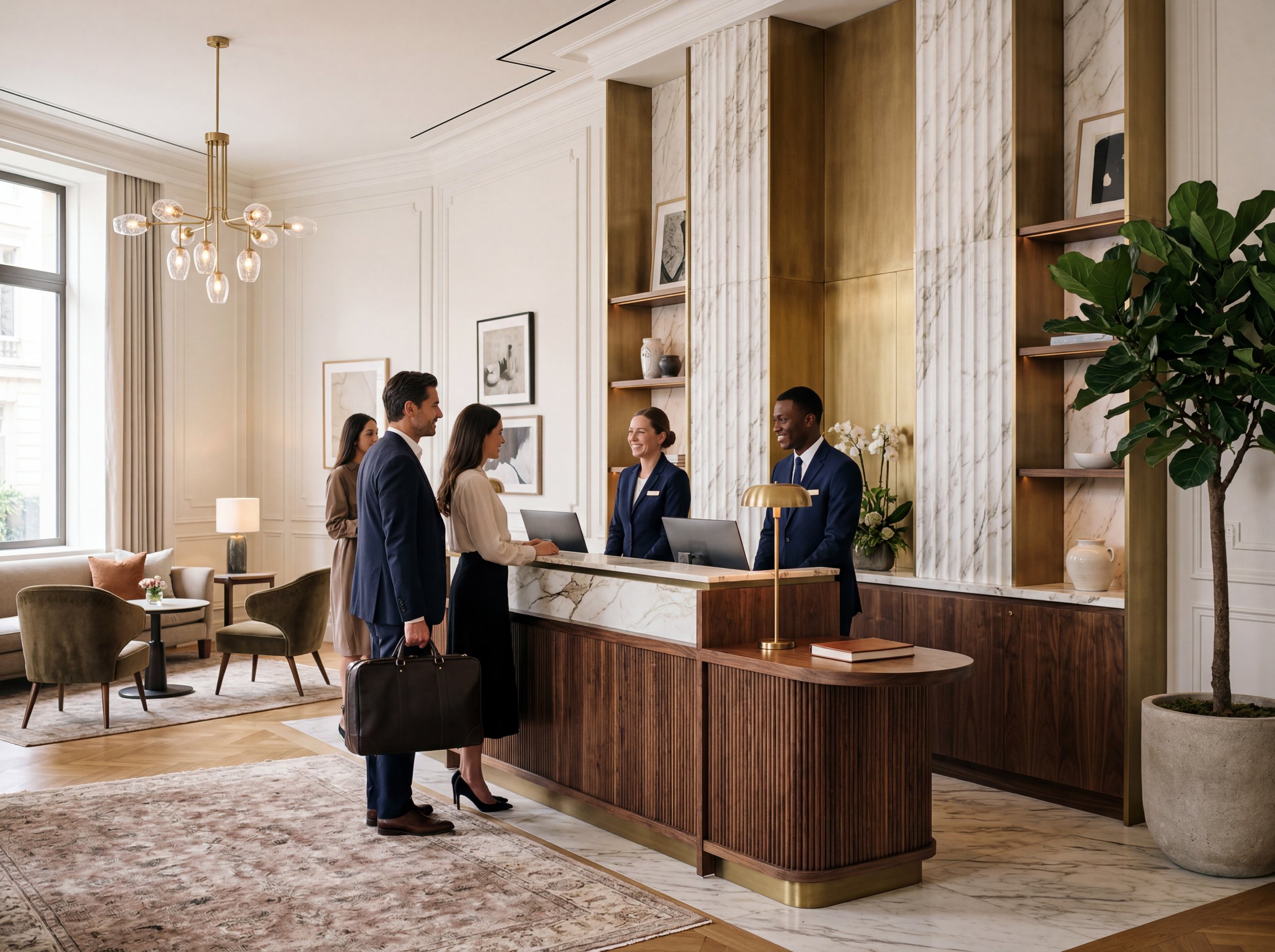 Front desk area in a hotel lobby with four people, two guests checking in and two staff members assisting, modern decor with gold and marble accents, large window, seating area with chairs and lamps.