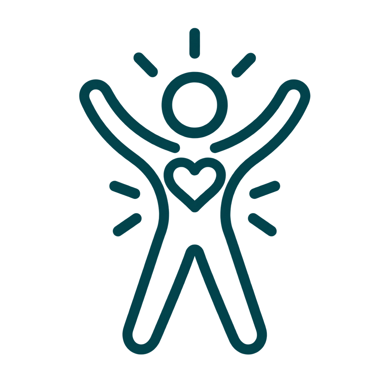 Icon of a person with arms raised, a heart on their chest, and radiant lines around, symbolising health, joy, or vitality.