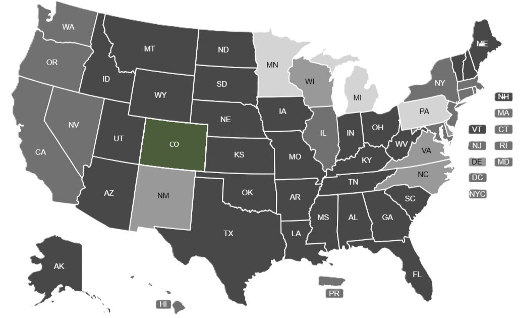 Map of the United States highlighting Colorado in green. All other states are in shades of black, gray, and white.
