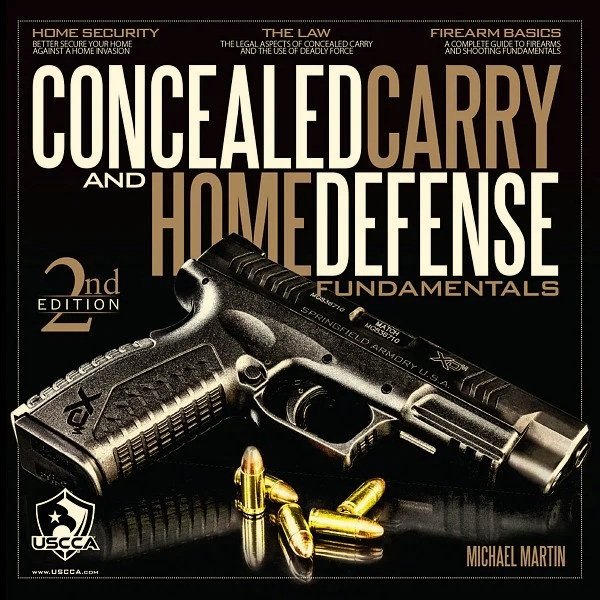 Book cover titled 'Concealed Carry and Home Defense Fundamentals' by Michael Martin, featuring a handgun and bullets on a dark background.