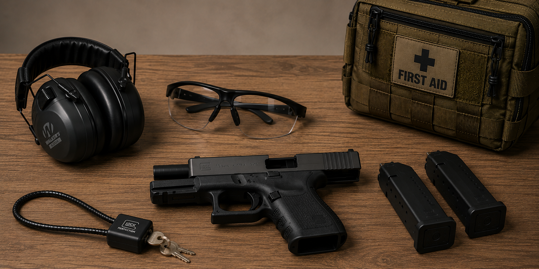 A gun, two magazines, a pair of safety glasses, earmuffs, a first aid kit, and a key with a lock on a wooden surface.