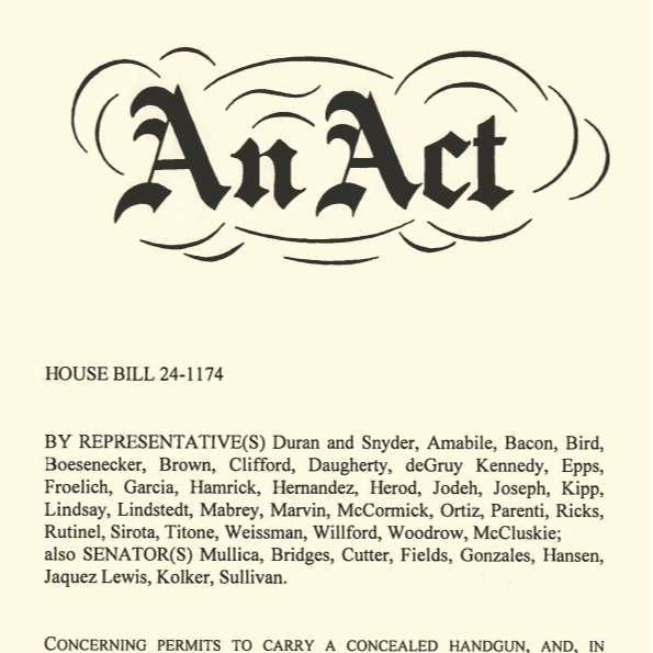 Document titled 'An Act' relating to a house bill, listing multiple legislators and addressing permits for carrying concealed handguns.