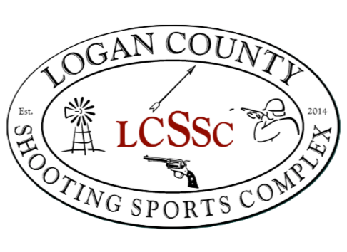 Logo for Logan County Shooting Sports Complex featuring a windmill, a triangular arrow symbol, a person aiming a rifle, and a gun pointing down, with text indicating it was established in 2014.