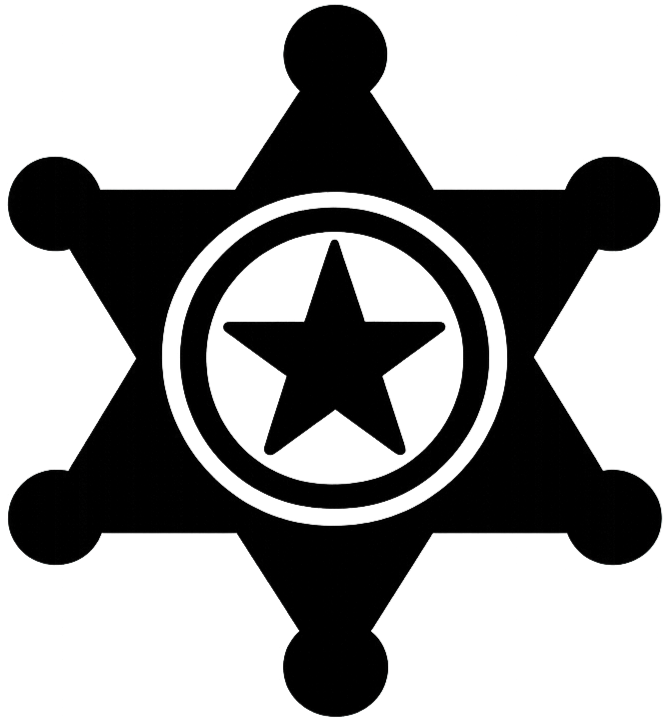 A black and white drawing of a badge