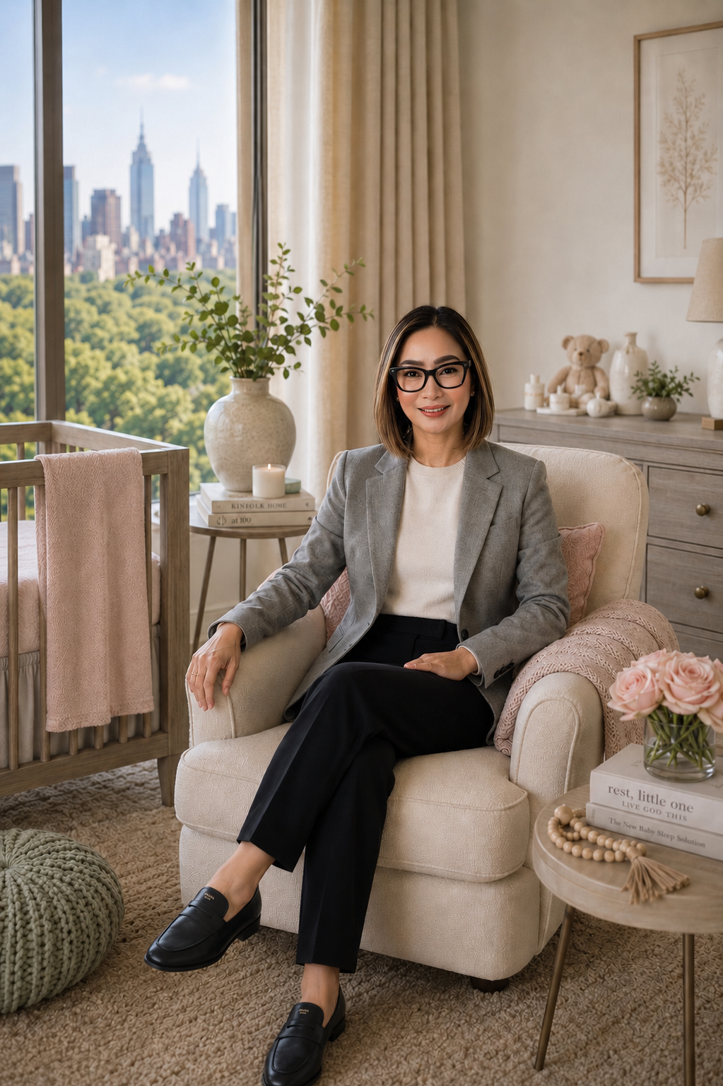 A woman with glasses and a gray blazer sitting on a beige armchair in a bright room with a large window showing a city skyline and central park. The room has soft decor with pink pillows, a side table with pink roses, books, and decorative items, and a teddy bear on a dresser.