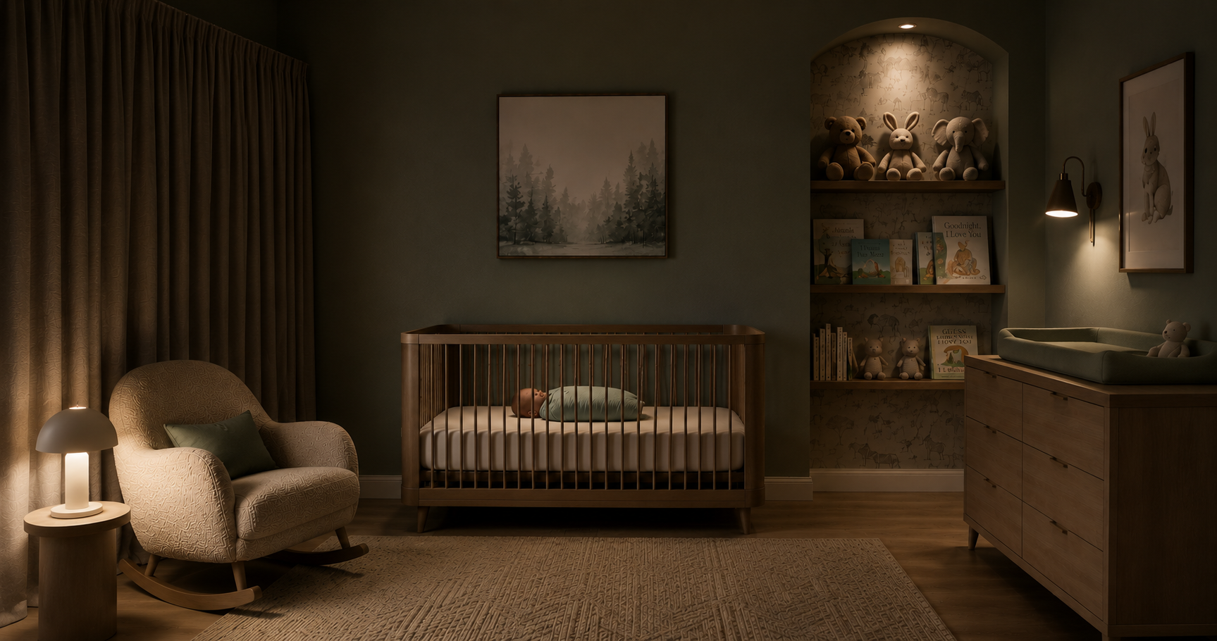 Dimly lit nursery room with a crib, plush toys, books, and a changing table.