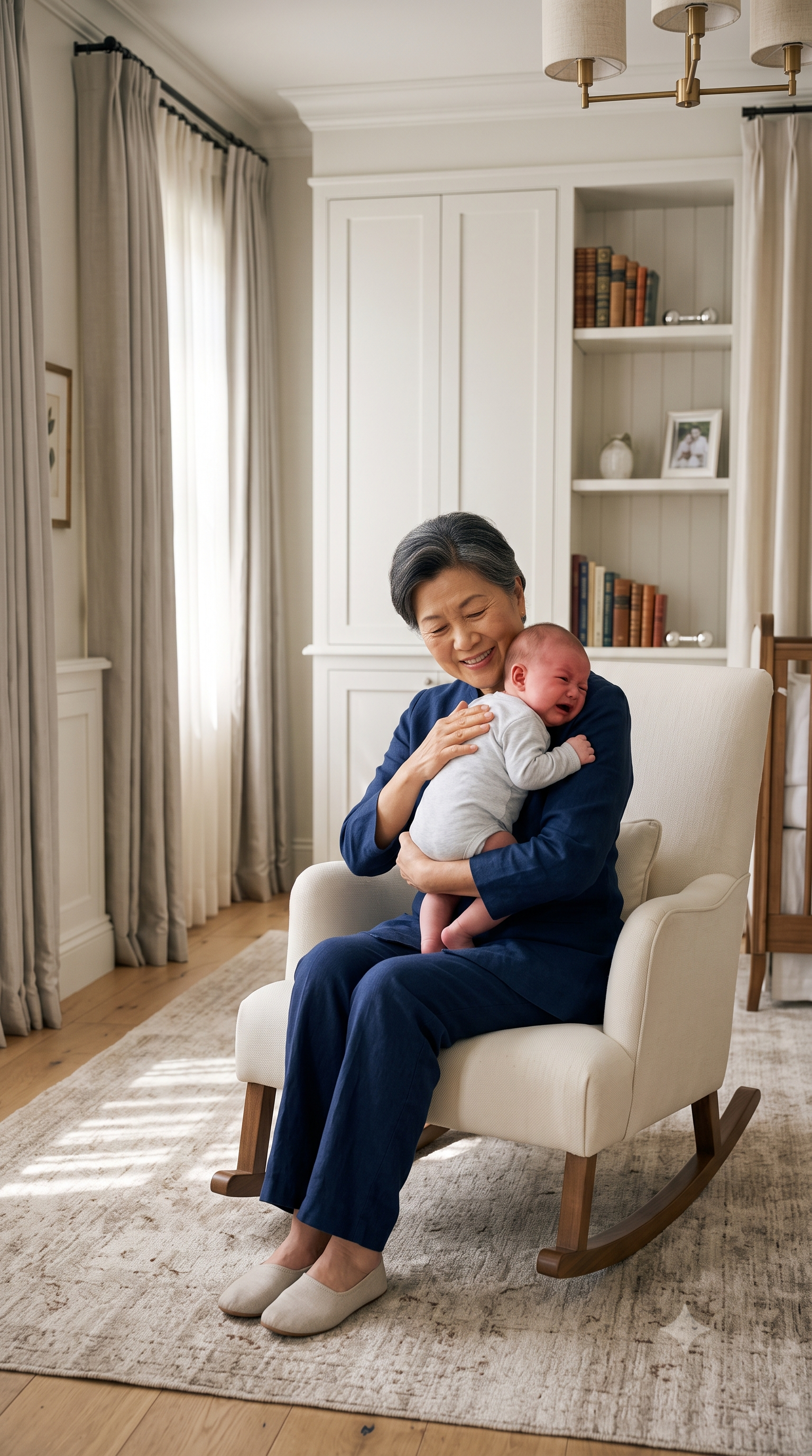 An elderly woman with short gray hair, wearing a navy blue dress, sitting in a white rocking chair in a living room, holding a crying baby dressed in a light gray onesie.