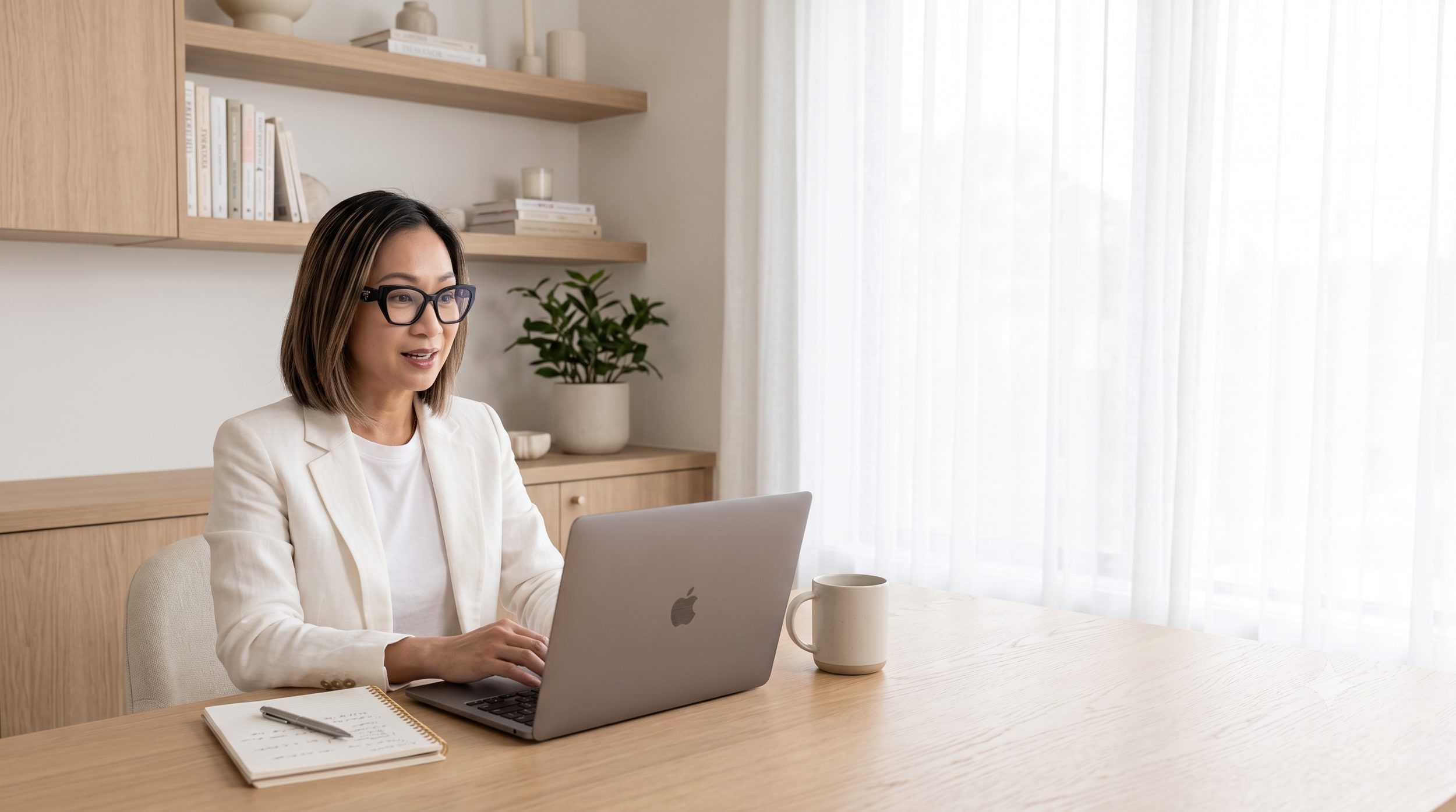 A woman with glasses working on a laptop at a desk in a room with natural light. There is a notebook and pen, a mug, and a shelf with books and decor behind her.
