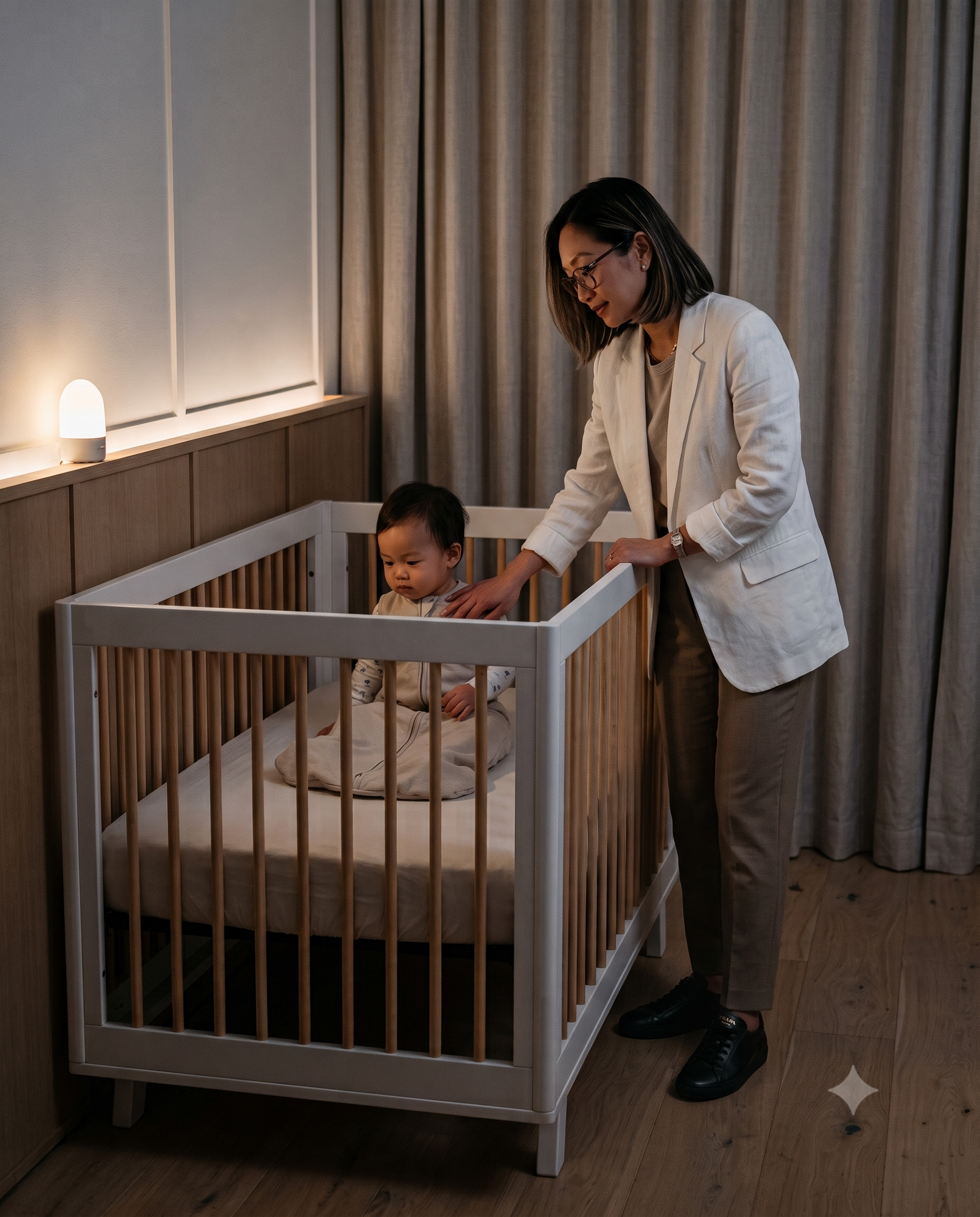 A woman in a white blazer and glasses is helping a young child in a crib, with beige curtains and a small lamp on the wall behind them.
