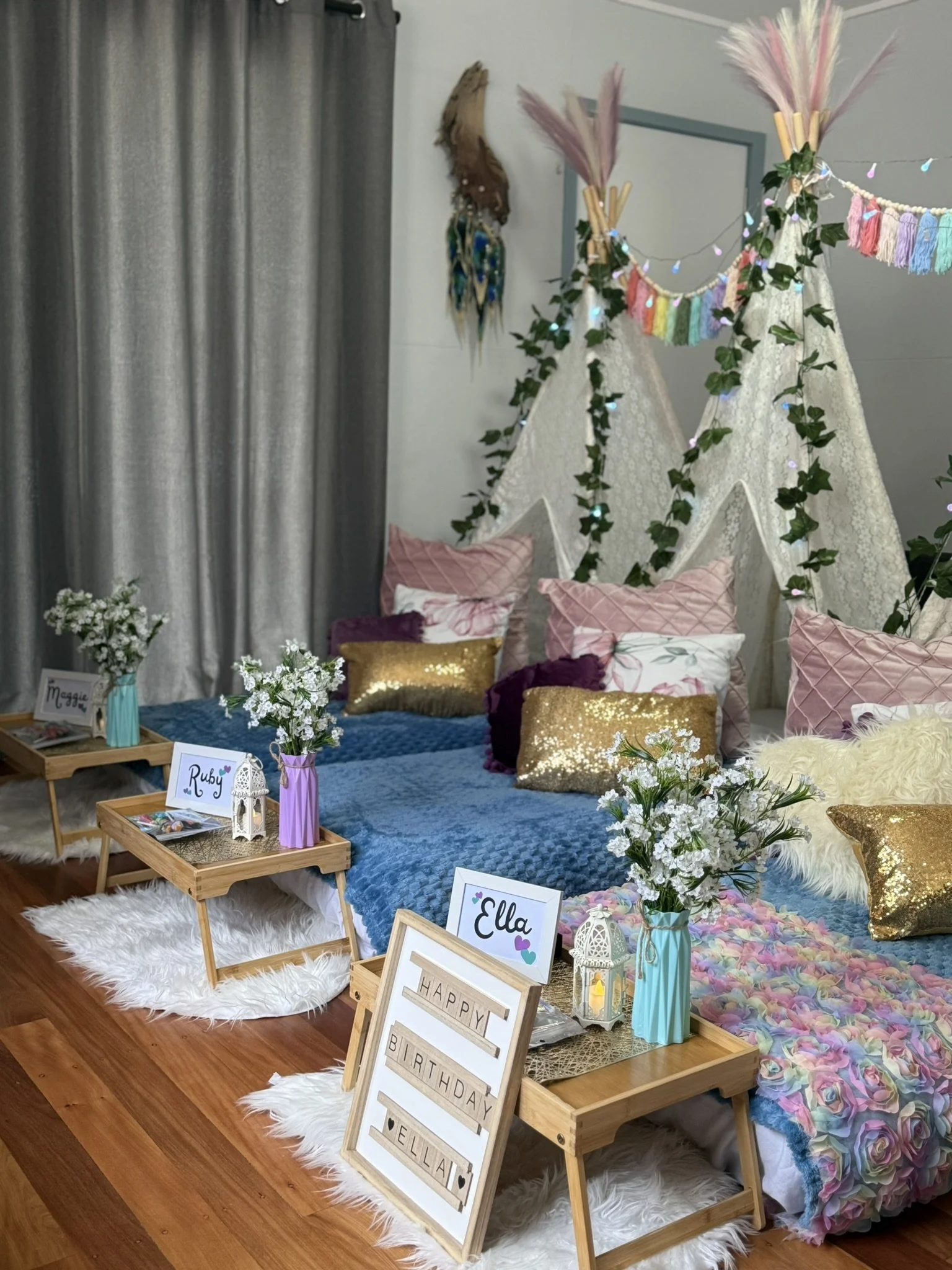 Teepee Corner Luxury Retreat Package in teal with gold sequin cushions, white fluffy rugs, bunting and more