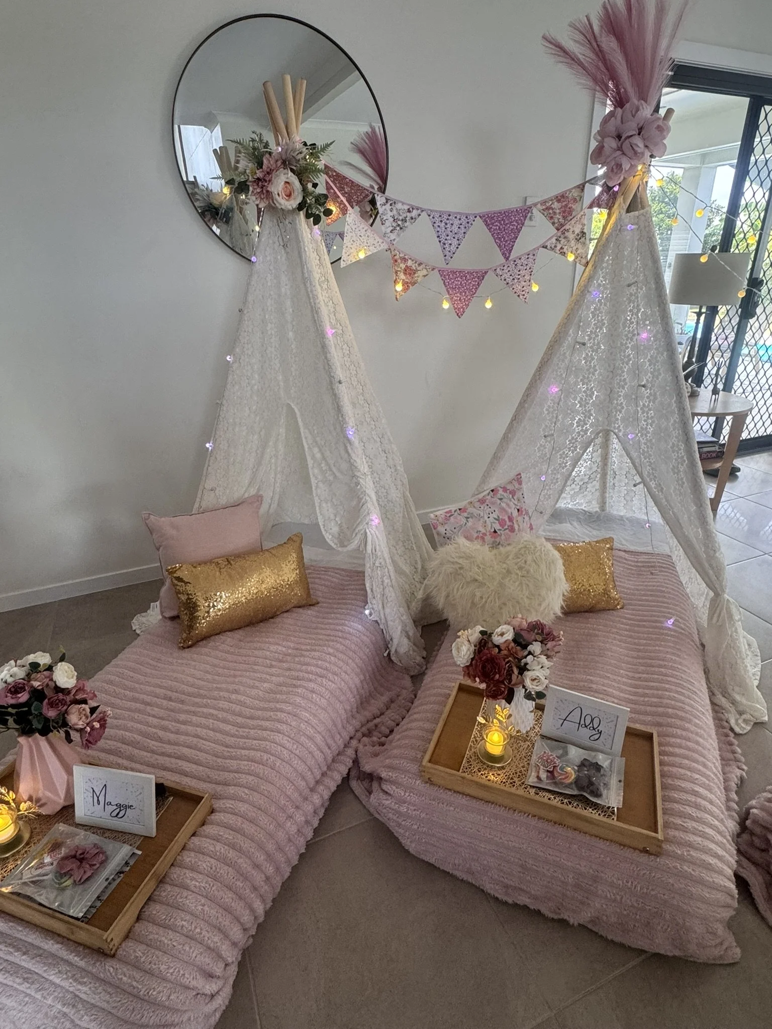 Styled boho teepee sleepover party setup in Gladstone by Teepee Corner