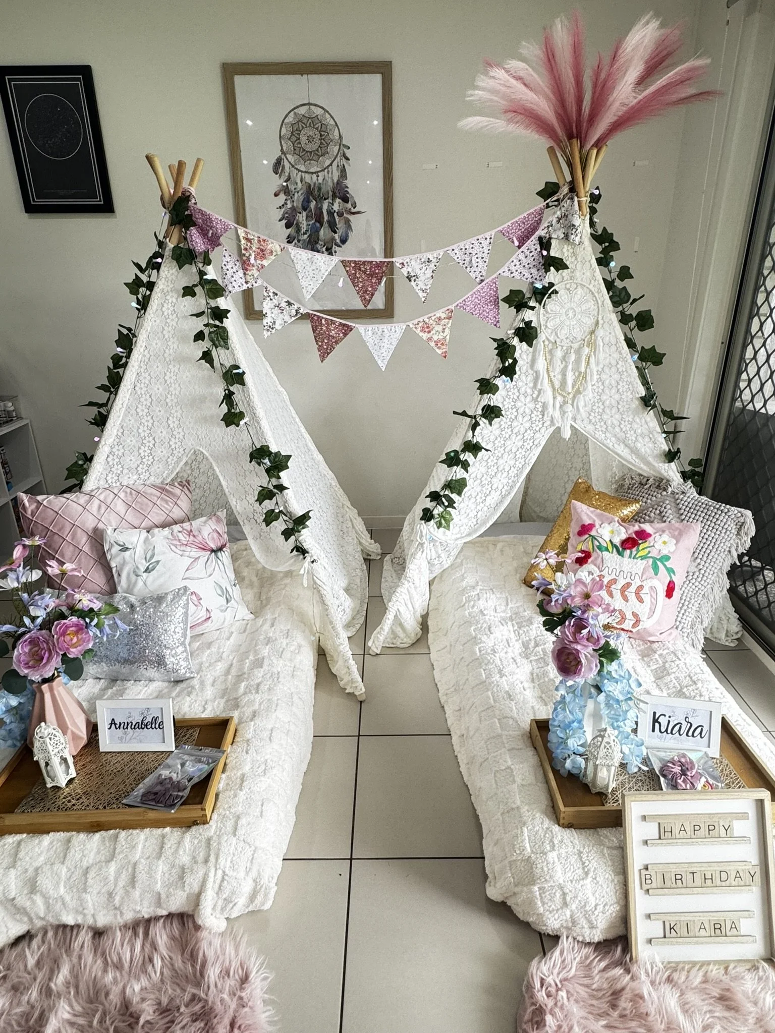Luxury Boho Retreat Cream with splashes of blue and pink. Created by Teepee Corner