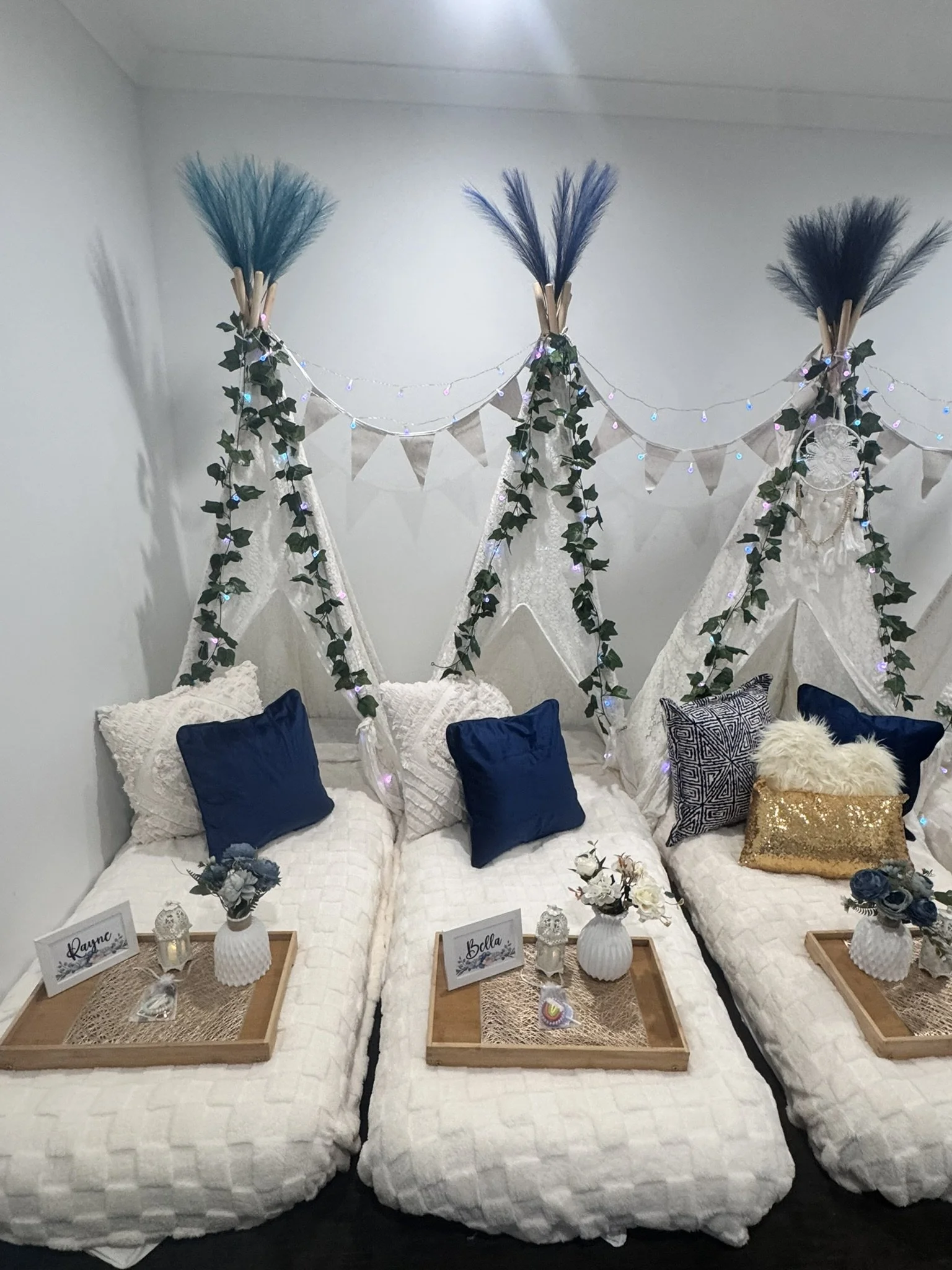 Teepee Corner Blue Boho Signature Package Cream Blankets, Blue Pampas Grass, touches of elegance