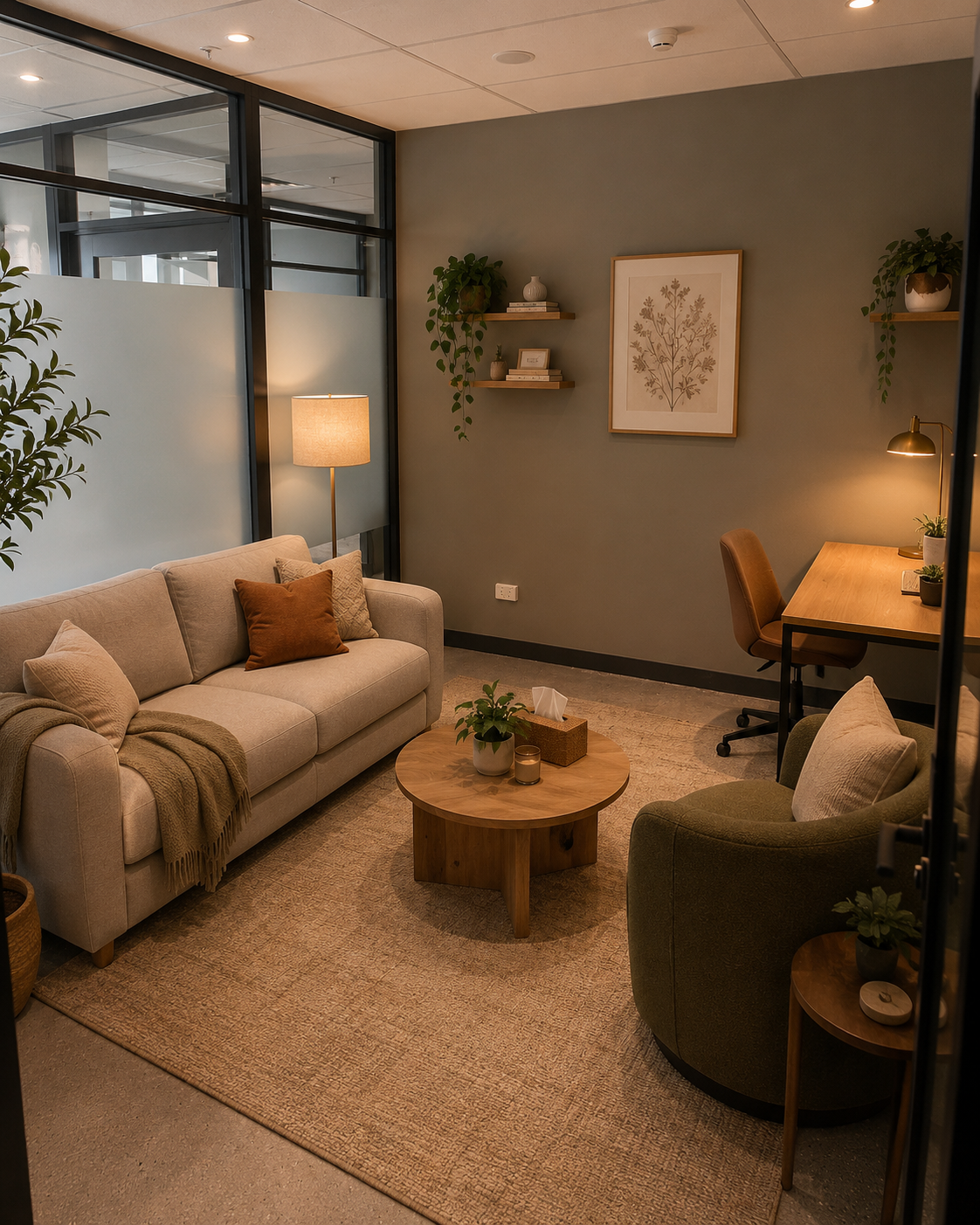 Comfortable counselling room at The Connection Room in Essendon featuring a welcoming sofa, armchair, botanical artwork, warm lighting and a calm, private space for individual and couples counselling.
