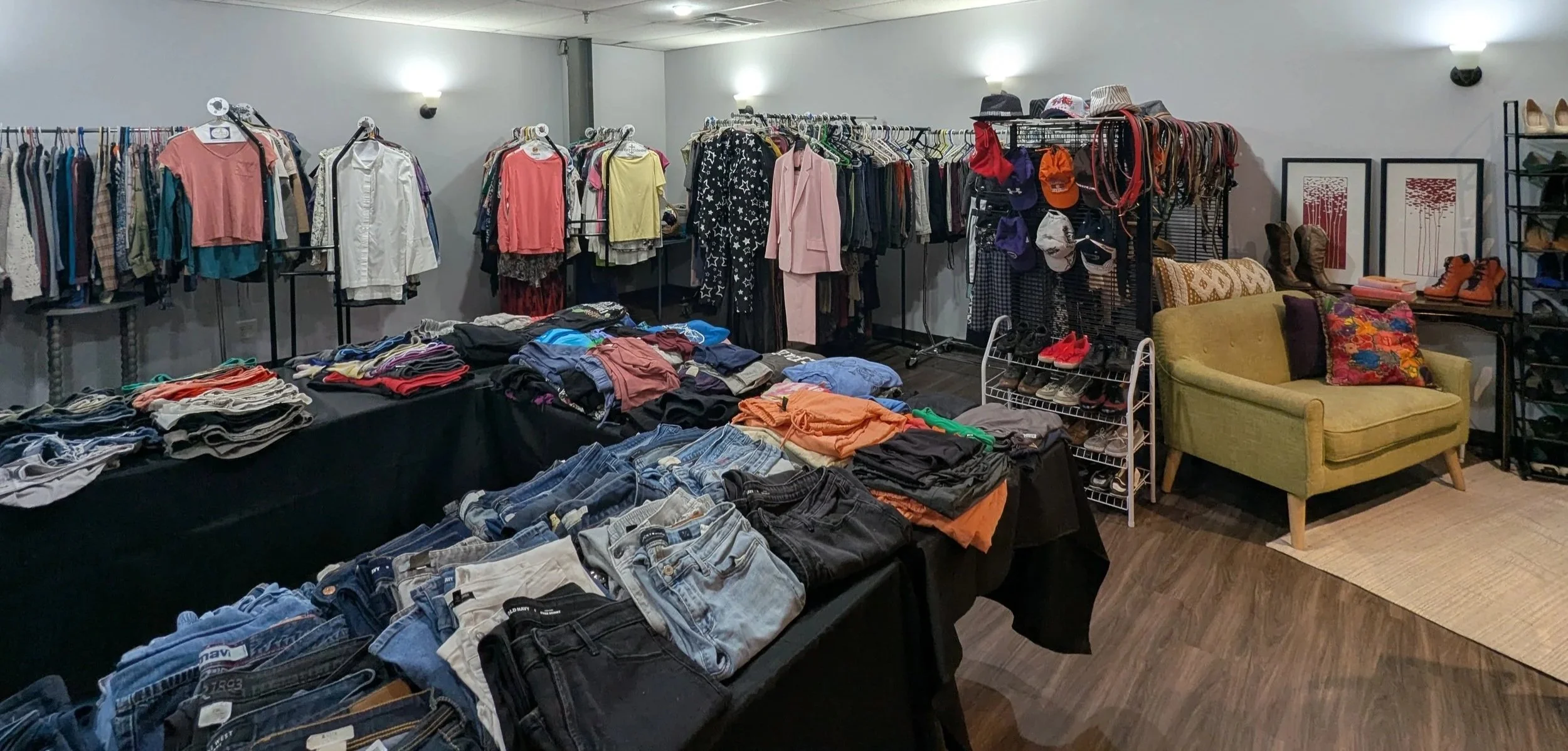 Clothing room at 611 Free Store, a program of 611 Collective in Evanston, Illinois