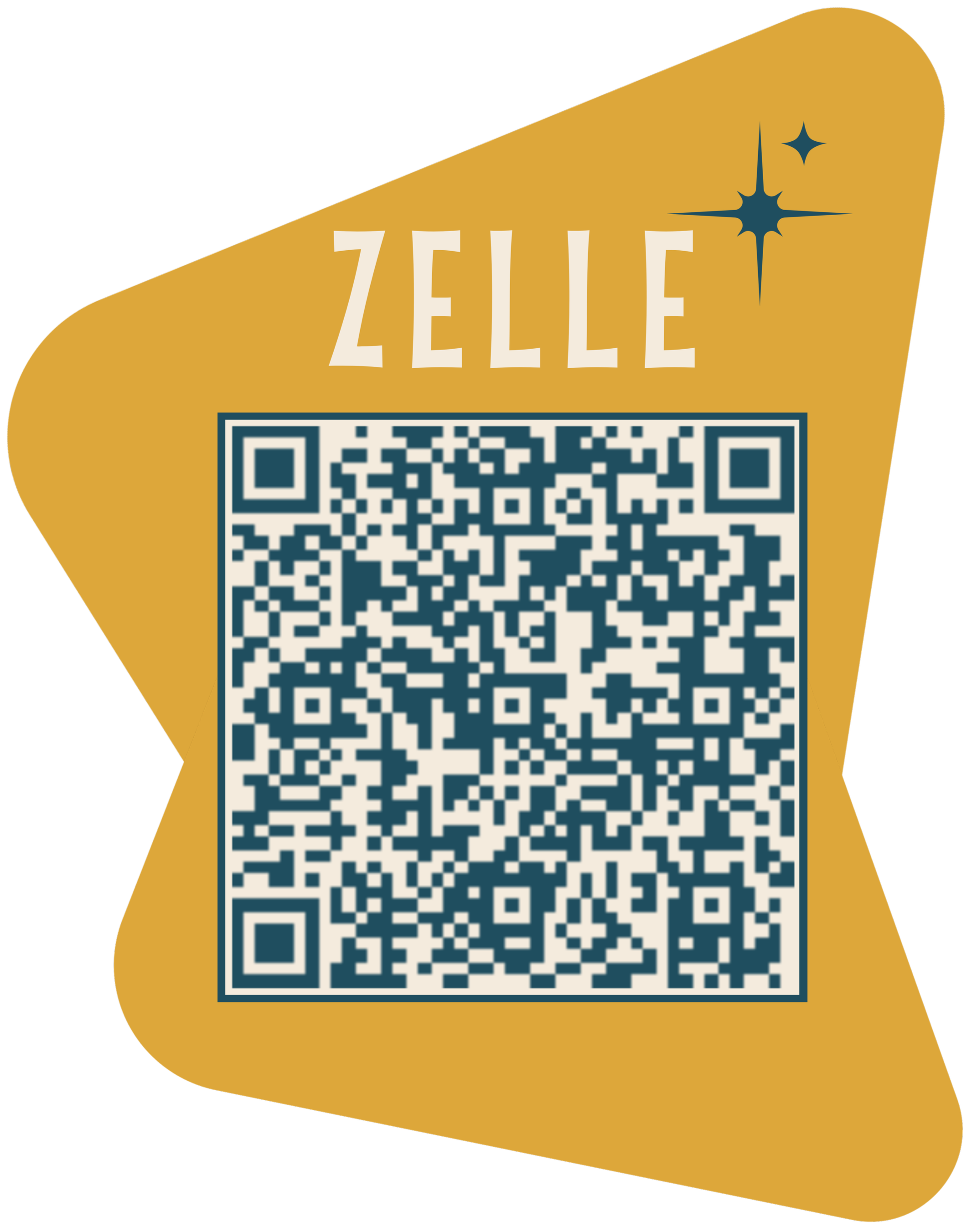 Golden rectangular card with stylized text 'ZELLE' and a black starburst icon above, featuring a QR code below.