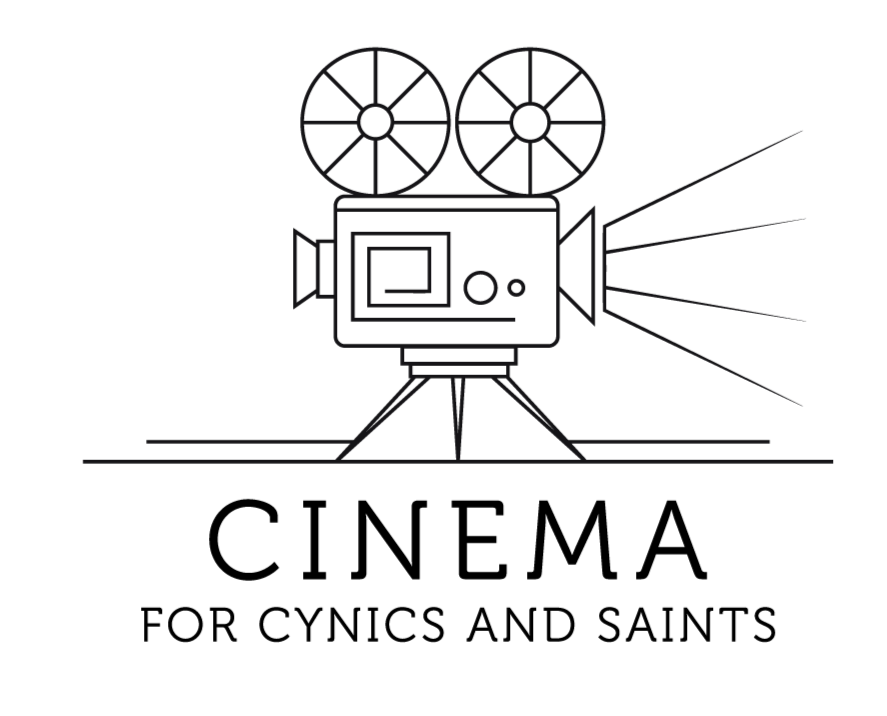Outline drawing of an old-fashioned movie camera on tripod with two large film reels on top, set against a black background.