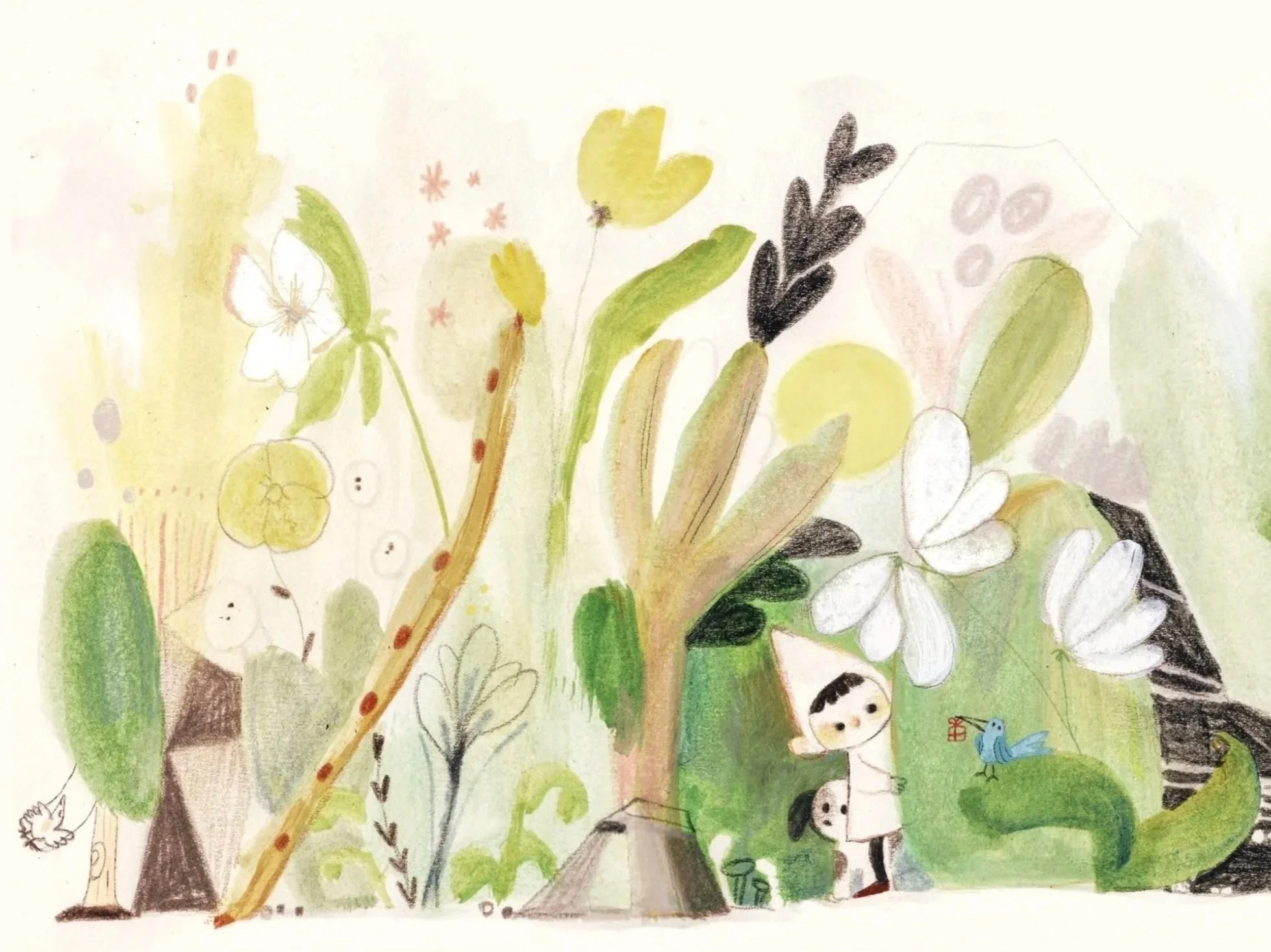 Children exploring a forest with trees, butterflies, and birds, in a colorful, whimsical illustration style.