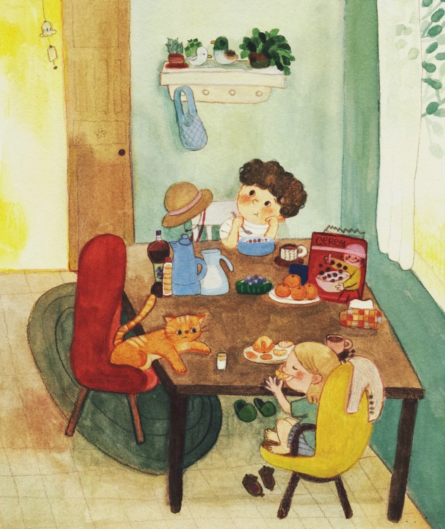 A cozy breakfast 🍳 

好喜歡綠色黃色的配色！

#illustration #kidsart #artist #drawing #childrenbookart