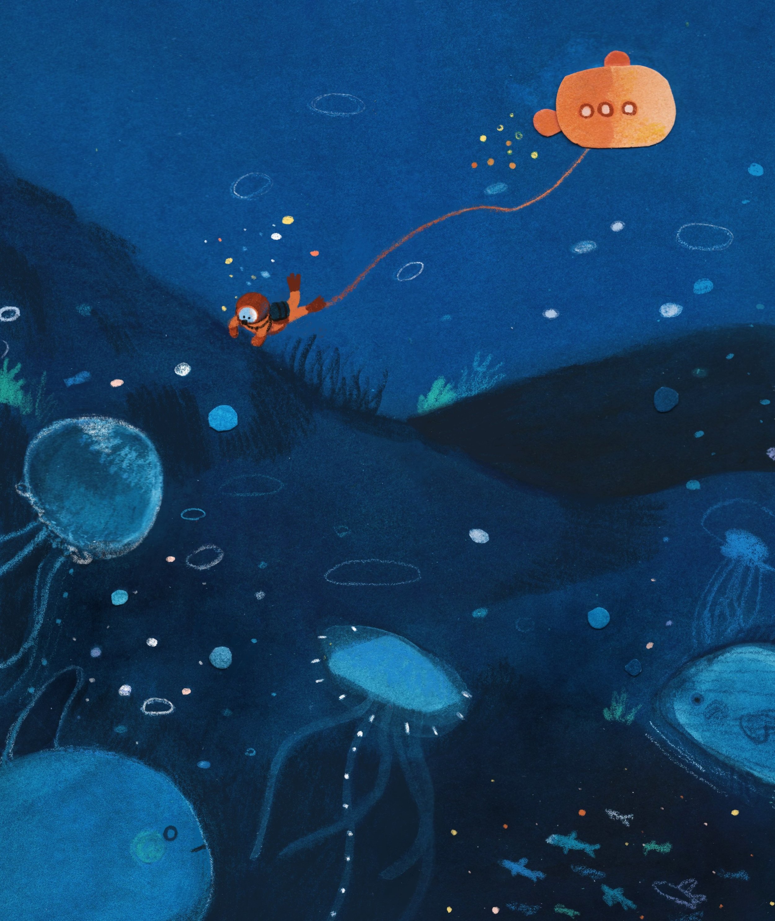 Searching for treasures under the sea. 🪸

最近很喜歡畫圓點，畫了一堆海洋泡泡🫧

#sea #blue #submarine #illustration #art