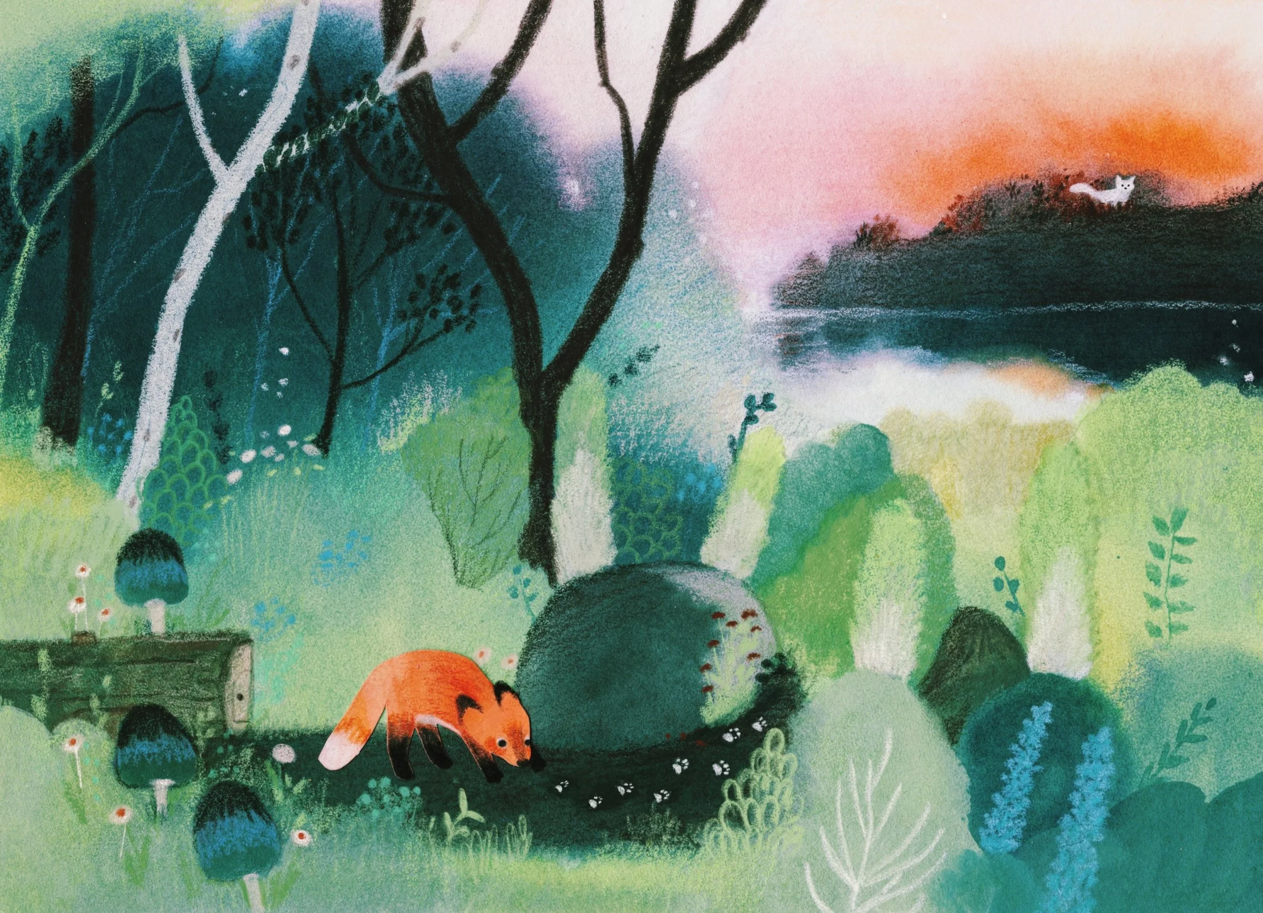 My first prompt for #animaladventuresweek2026 

A fox found a trail of footprints.🐾🐾🐾

Whose could they be? 🦊

Hosts:
@bykatiemai 
@raahatkaduji 
@emily_ttch 
@emmamartschinke 
@thejal_paints 

#animaladventuresweek #illustration #artist #forest