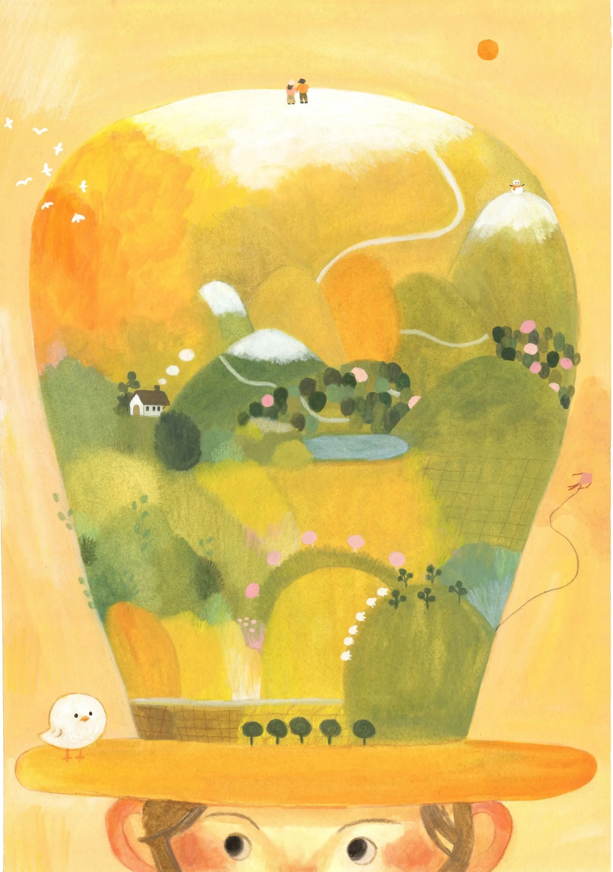 A colorful, whimsical illustration with a child's face at the bottom, a bird on a table, green hills with trees, small houses, a pond, chickens, birds flying, two people standing on a hilltop, and a snowman in a sunny, pastel landscape.