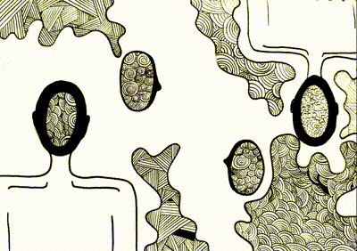 Abstract black and white line art with various intricate patterns and shapes.