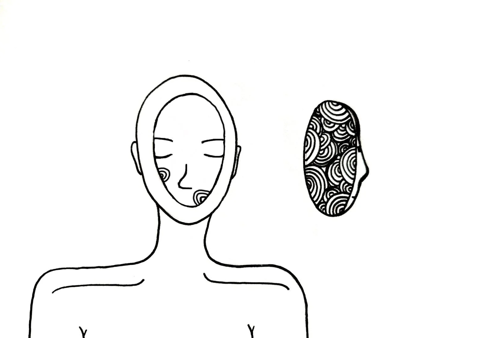 A minimalistic line drawing of a person who's face had slowly peeled off and is drifting on the side.