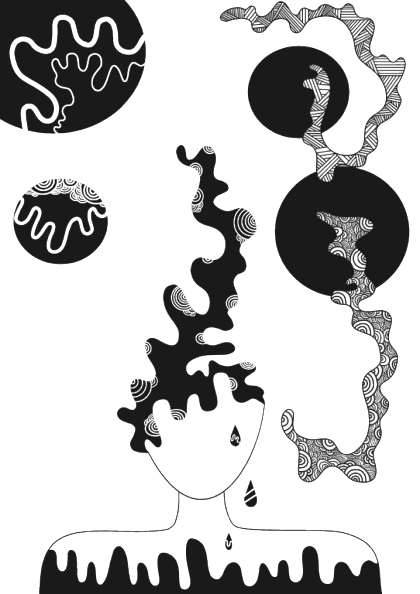 Abstract illustration of a person, with their interconnected with shapes and circular elements.