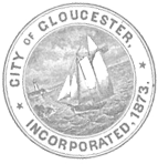 Seal featuring a sailing ship with text 'CITY OF GLOUCESTER, MASS. CORPORATE SEAL' around the edge.