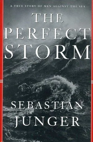Book cover of 'The Perfect Storm' by Sebastian Junger, featuring a stormy ocean with large waves