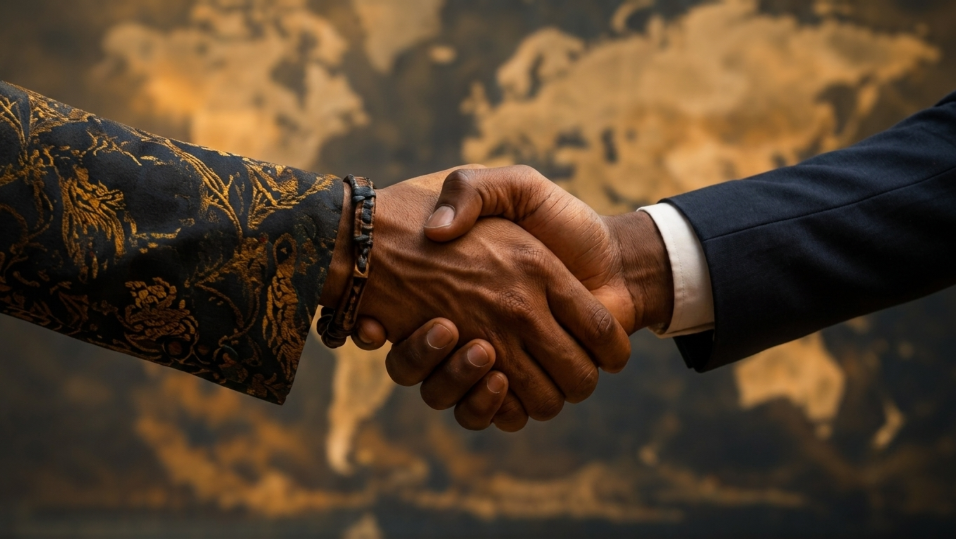 A close-up of a handshake between two people, one wearing a patterned jacket and the other a suit, with a world map in the background