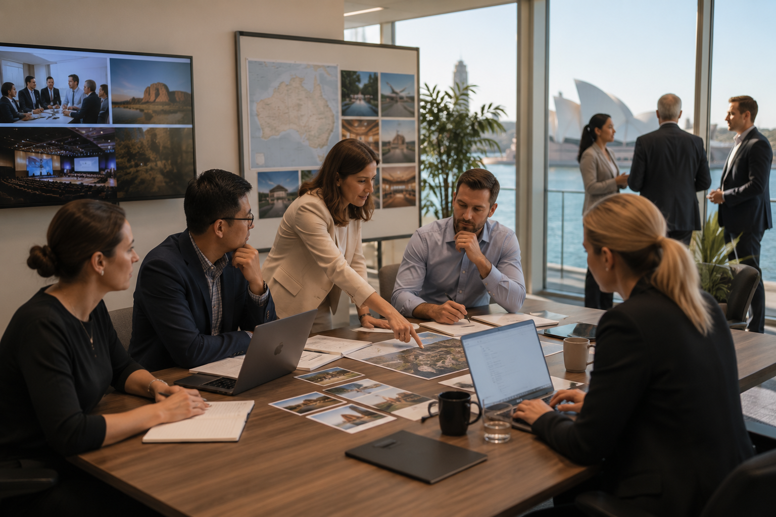 Business meeting with six professionals in a conference room, discussing plans with maps, photos, and laptops on the table, and others networking outside near the Sydney Opera House.