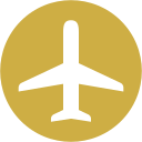 Silhouette of an airplane against a gold circular background.