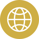 Gold circle icon with a white globe inside.