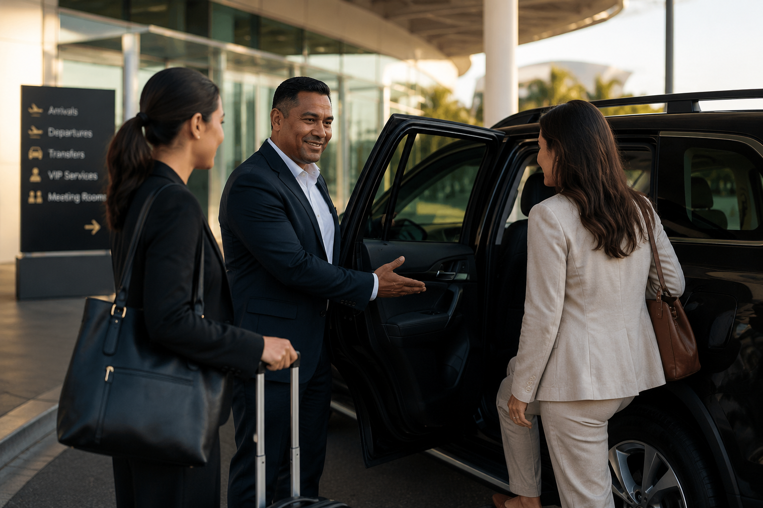 A man in a suit greets two women at a car outside an airport terminal, with signage for arrivals, departures, transfers, VIP services, and meeting rooms in the background.