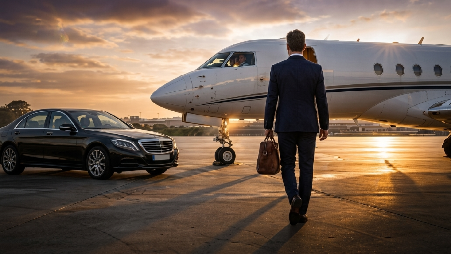 Businessman walking towards private jet with briefcase, car parked nearby at sunset.