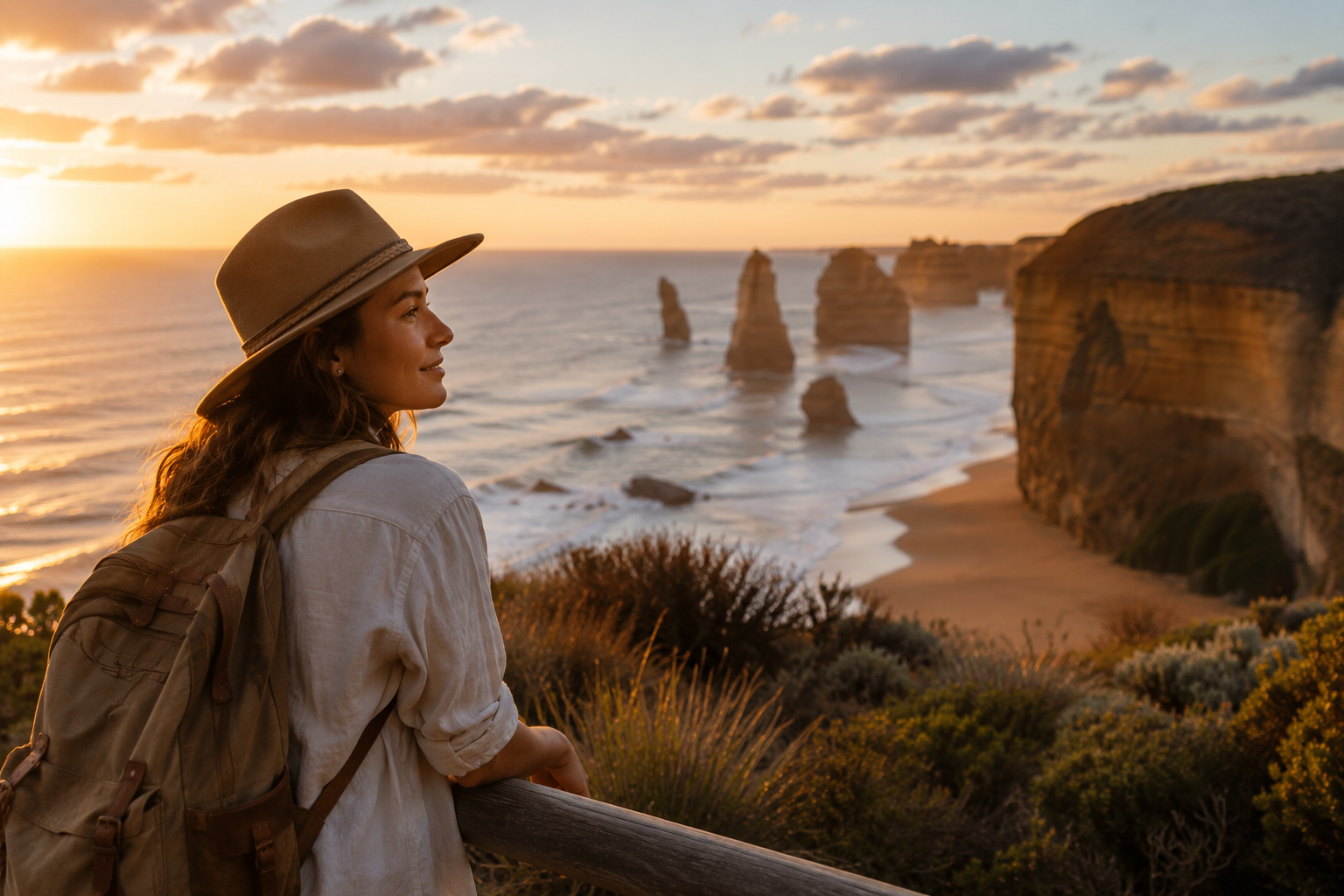 A woman with a hat and backpack gazing at the ocean cliffs at sunset.