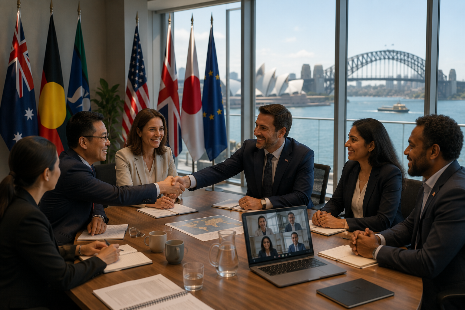 Business meeting with eight diverse people, including two on video call, in a conference room with flags of various nations in the background and a view of Sydney Harbour and the Sydney Opera House outside.