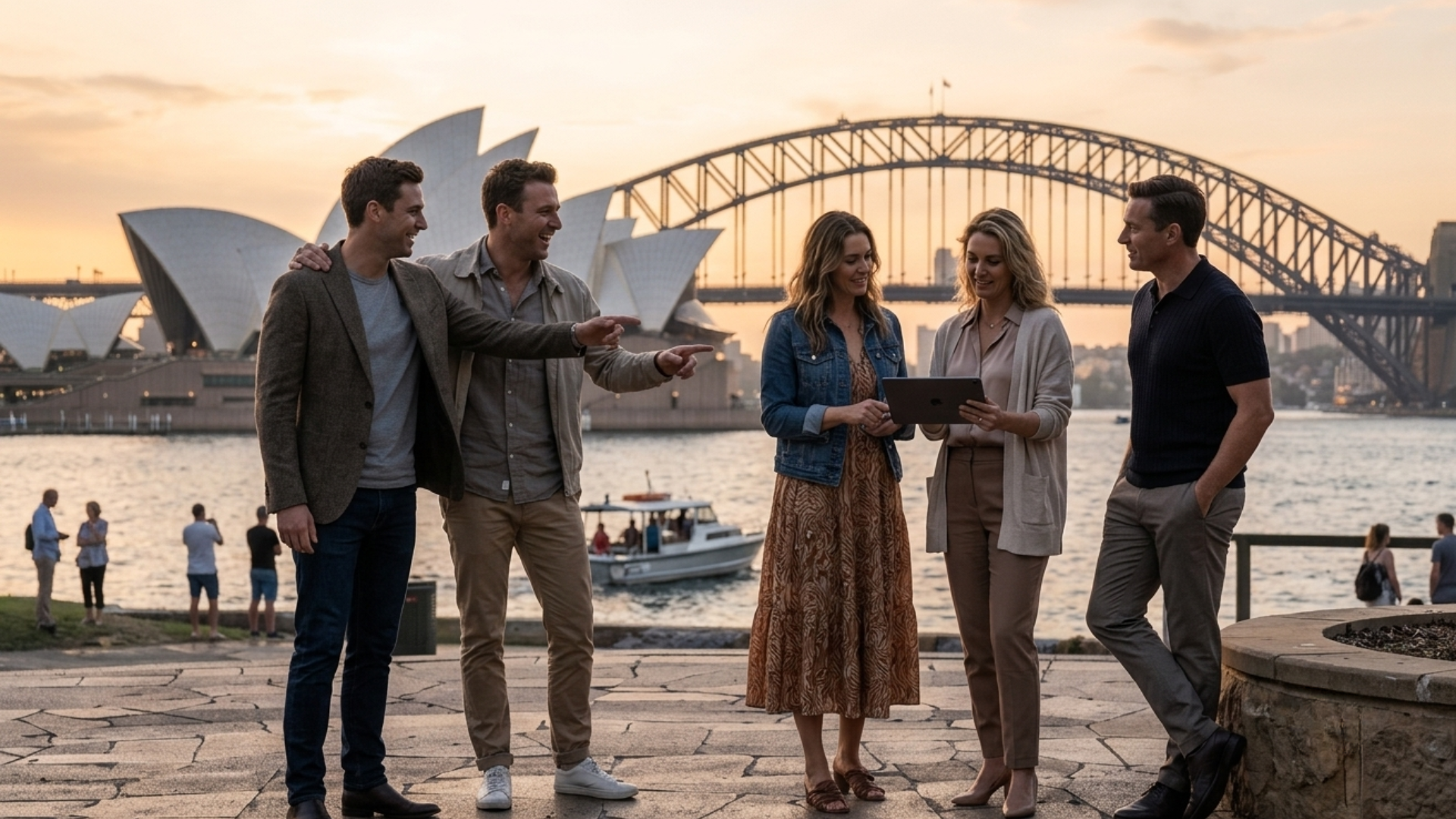 A group of five people standing by the water in Sydney, Australia, with the Sydney Opera House and Harbour Bridge in the background during sunset, engaging in conversation and looking at a tablet.