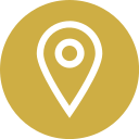 A location pin icon in gold color on a matching gold background.