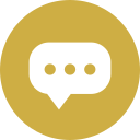 A speech bubble icon on a mustard yellow circular background