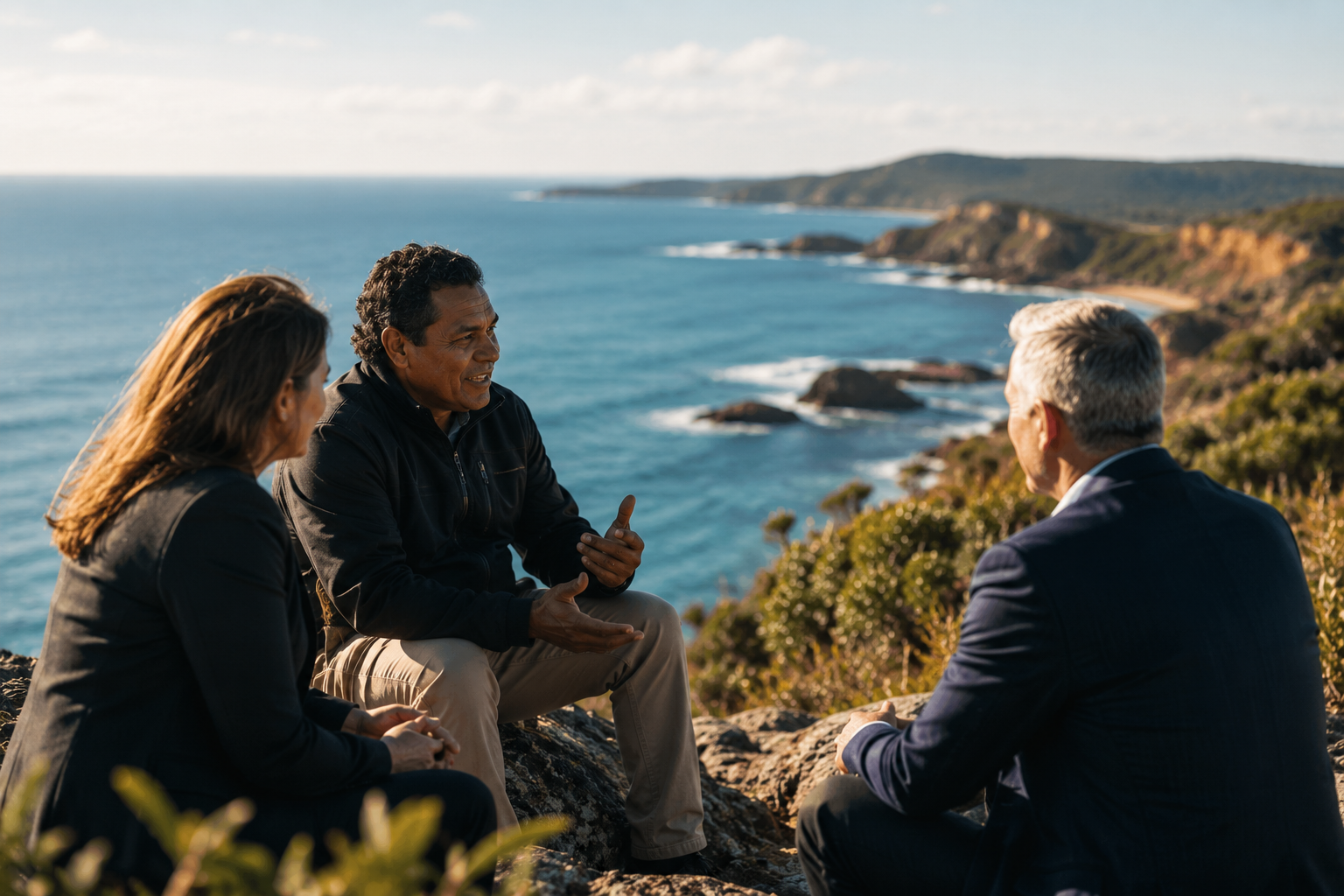 Four people having a discussion outdoors near the coast with cliffs and the ocean in the background.