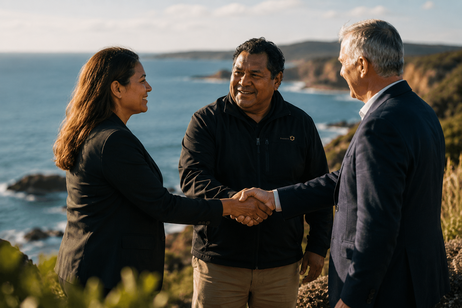 Three people, two men and one woman, shaking hands outdoors near the coast with cliffs and the sea in the background, during daytime.