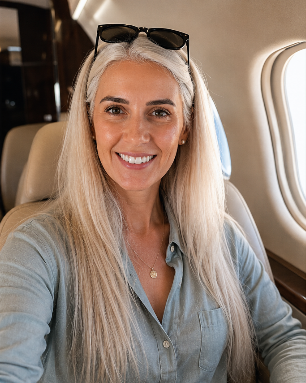 A smiling woman with long, blonde hair sitting in an airplane seat, wearing sunglasses on her head and a light green button-up shirt, with a window to her right.