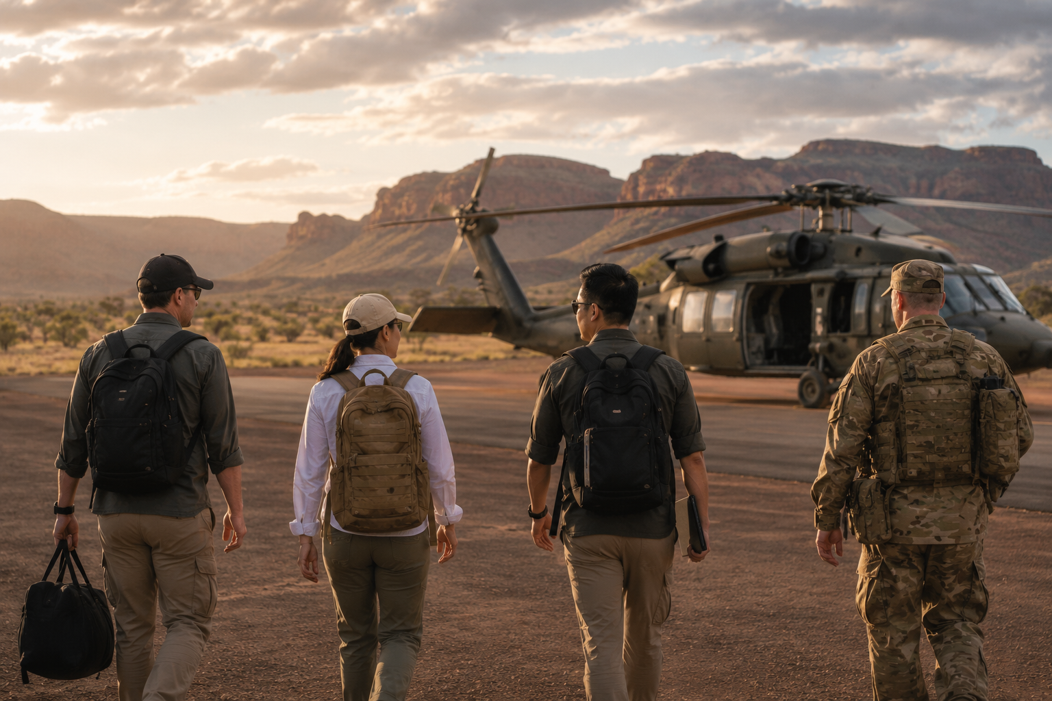 Four individuals, including a soldier in camouflage, walking towards a military helicopter in a desert landscape at sunset.